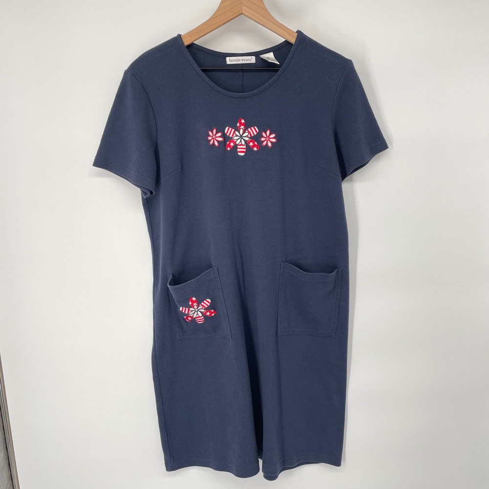 Bonnie Evans VTG Inspired Embroidered T-Shirt Dress‎ Navy Blue Med Grandmacore